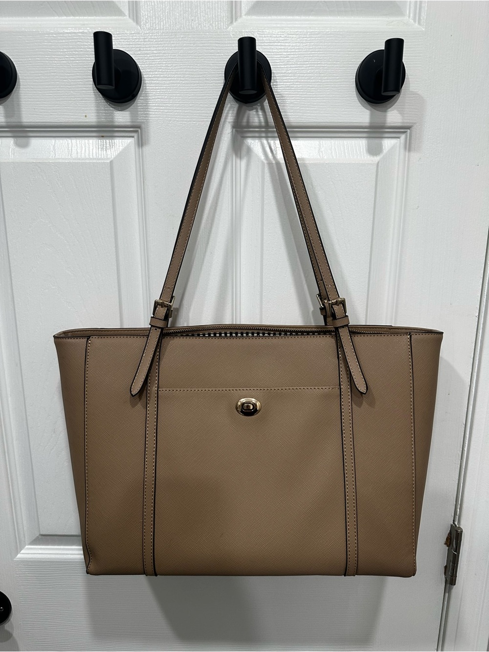 Classic Taupe Faux Leather Tote Bag with Turn-Lock Detail
